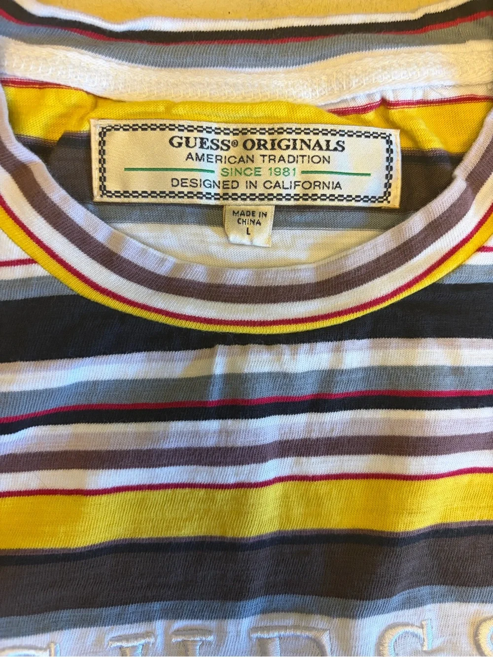 Guess Originals Striped T Shirt Mens L Colorful Embroidered USA Jeans Retro 90s - Picture 4 of 6